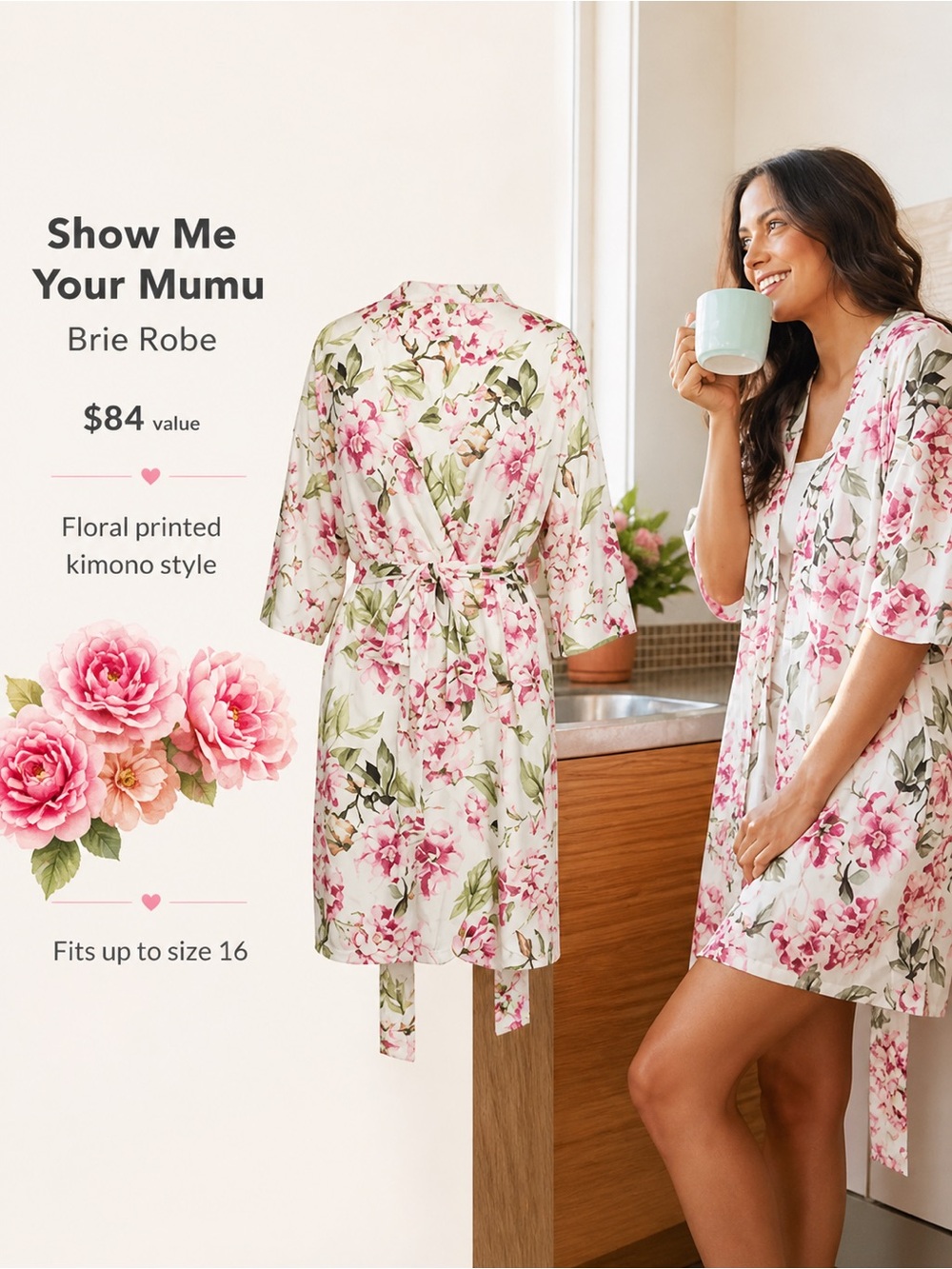 Show Me Your Mumu Brie Robe Floral Kimono Pink White OS Boho Bridal Lounge - Picture 13 of 13